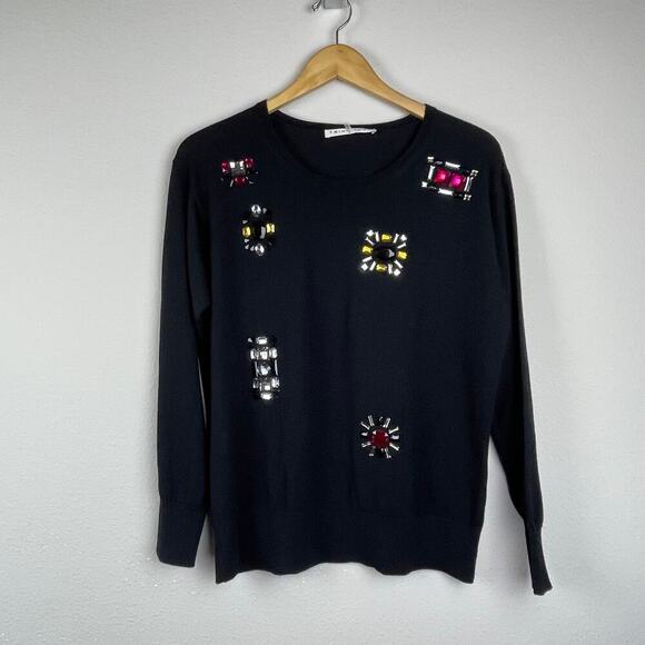 Trina Turk‎ Black Wool Embellished Jeweled Pullover Sweater Size L - Picture 1 of 7
